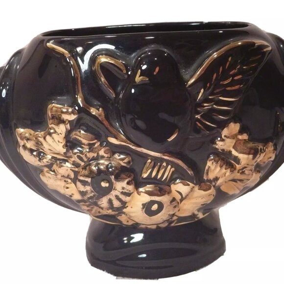 Art Pottery Vintage Lot Set Black Vases 22k Gold Floral Handmade Ceramic USA - Picture 3 of 13